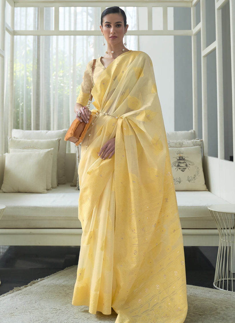 Unique Pastel Yellow Chikankari Weaving Saree