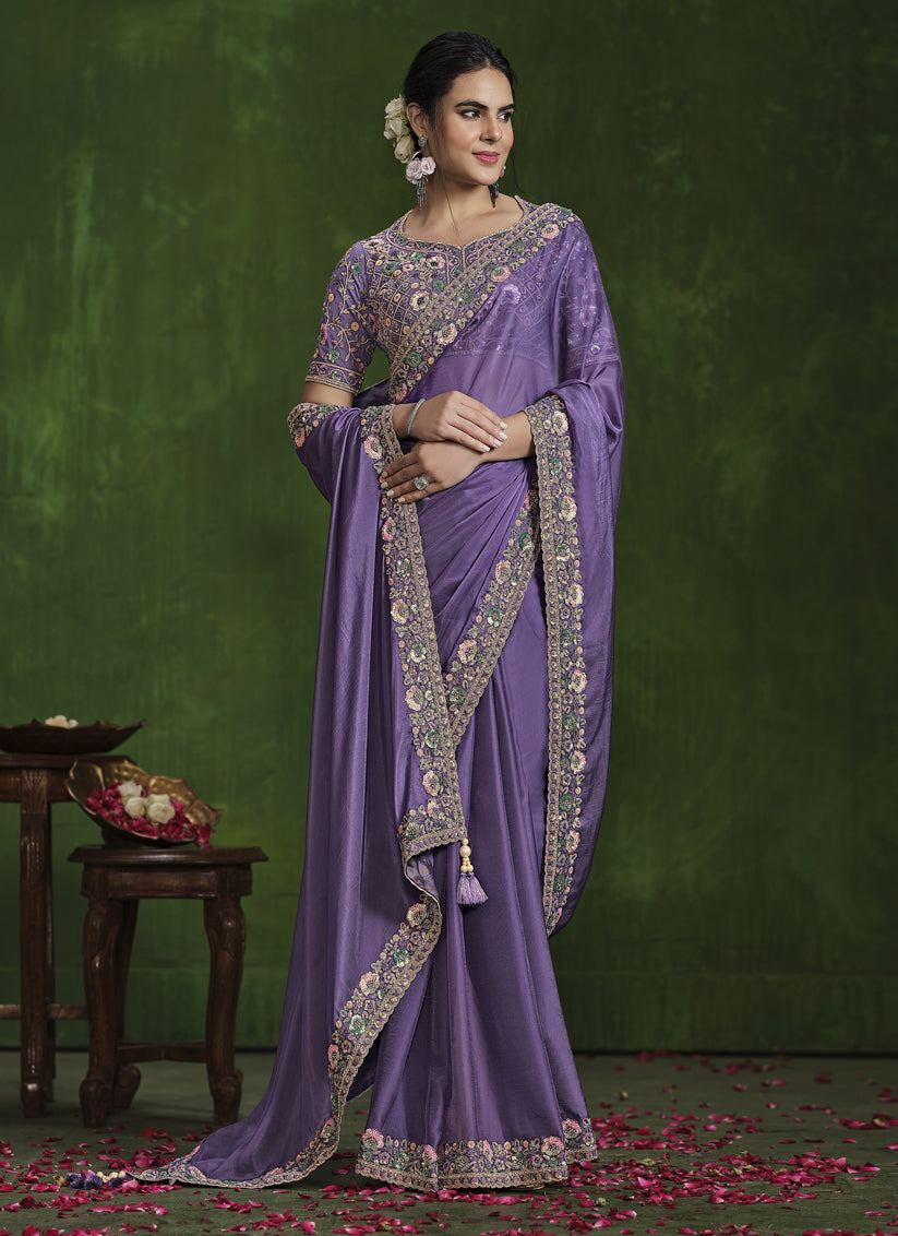 Purple Sequins Embroidered Designer Saree