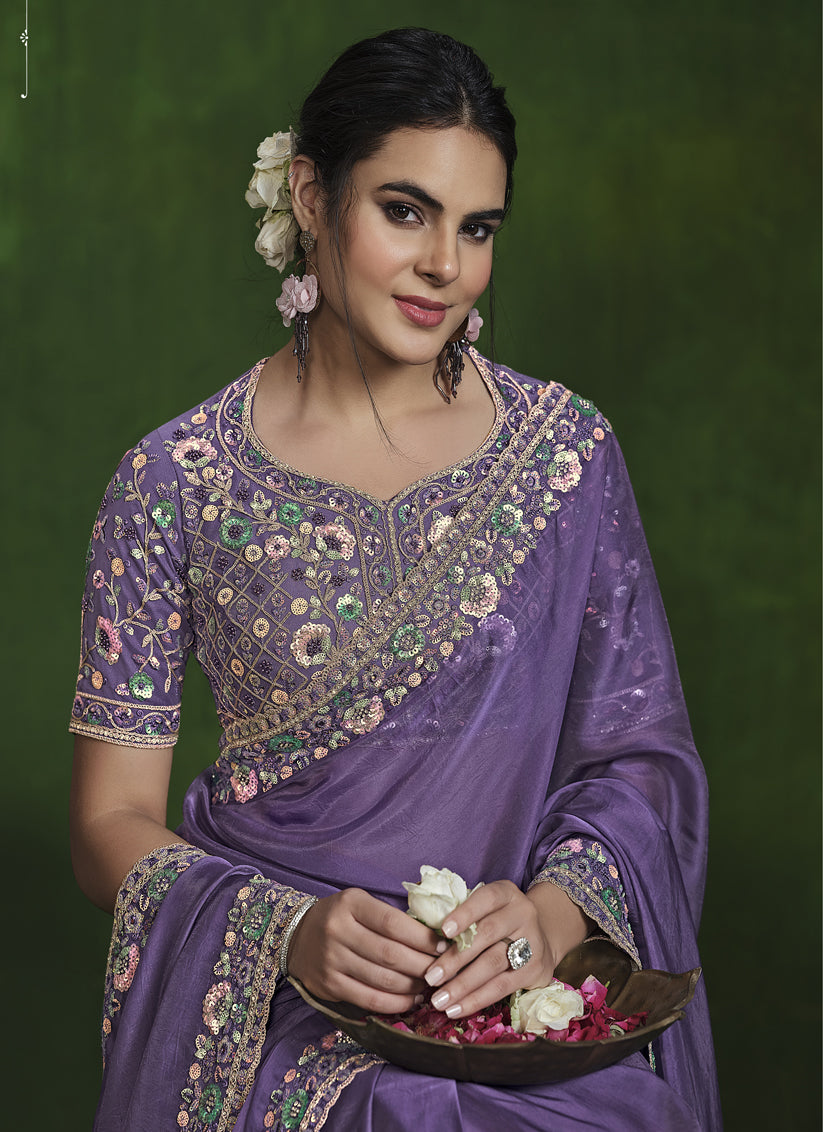 Purple Sequins Embroidered Designer Saree