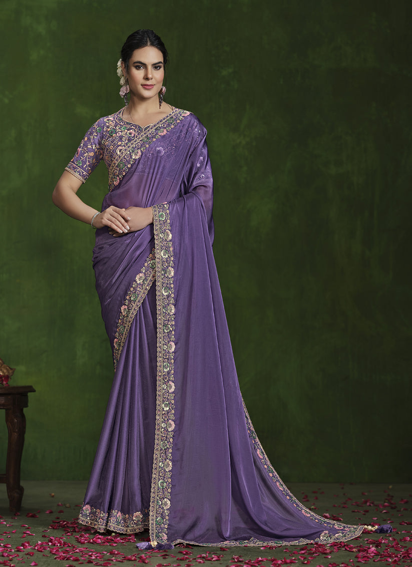 Purple Sequins Embroidered Designer Saree