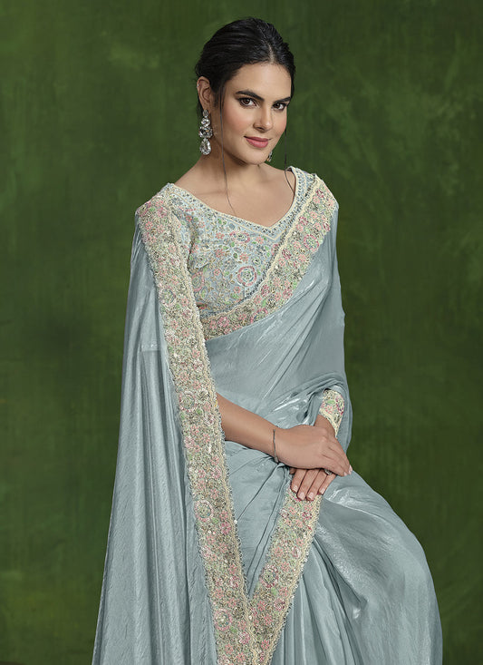 Sea Green Sequins Embroidered Designer Saree