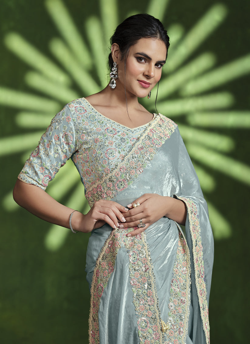 Sea Green Sequins Embroidered Designer Saree