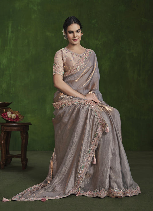 Dusty Peach Sequins Embroidered Designer Saree