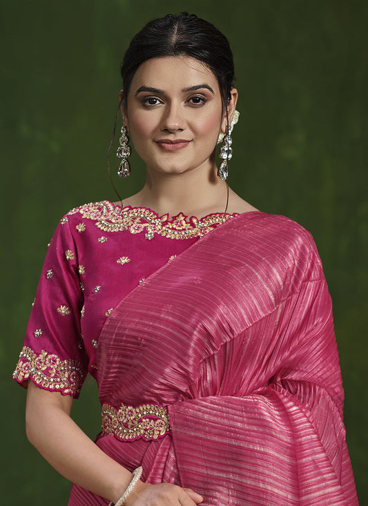 Beige and Rani Pink Sequins Embroidered Designer Saree