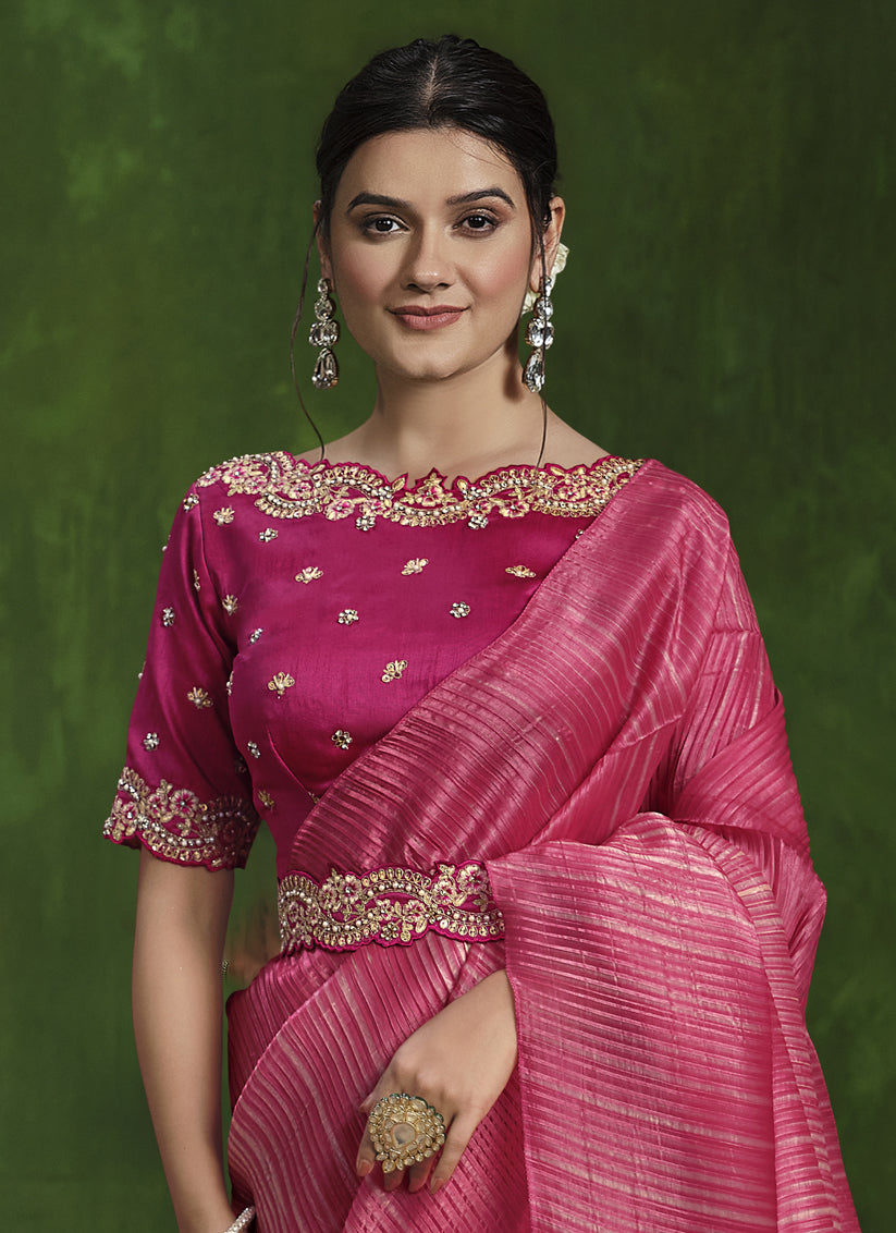 Beige and Rani Pink Sequins Embroidered Designer Saree