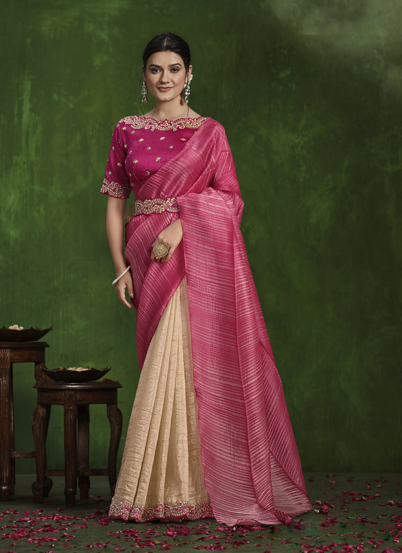 Beige and Rani Pink Sequins Embroidered Designer Saree