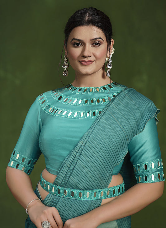 Teal Blue Sequins Embroidered Designer Saree