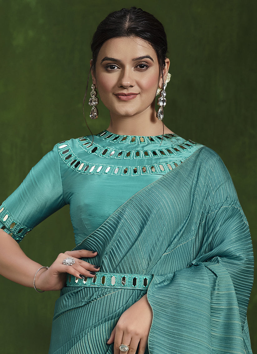 Teal Blue Sequins Embroidered Designer Saree