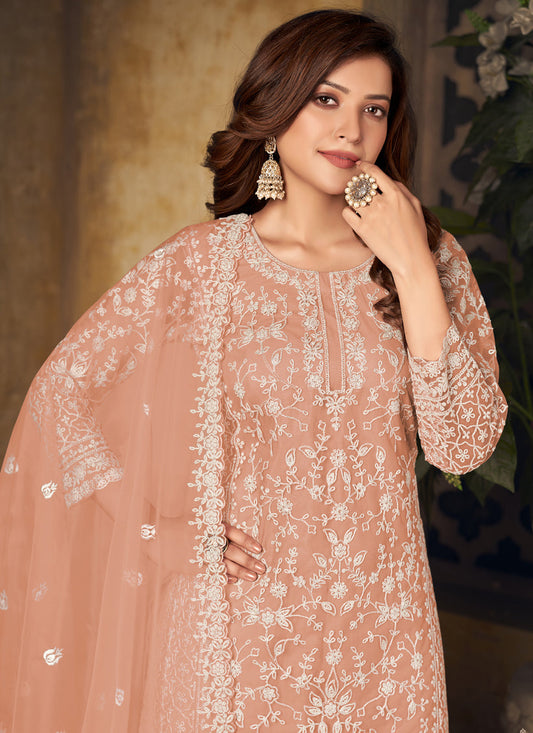 Incredible Peach Net Embroidered Designer Palazzo Kameez