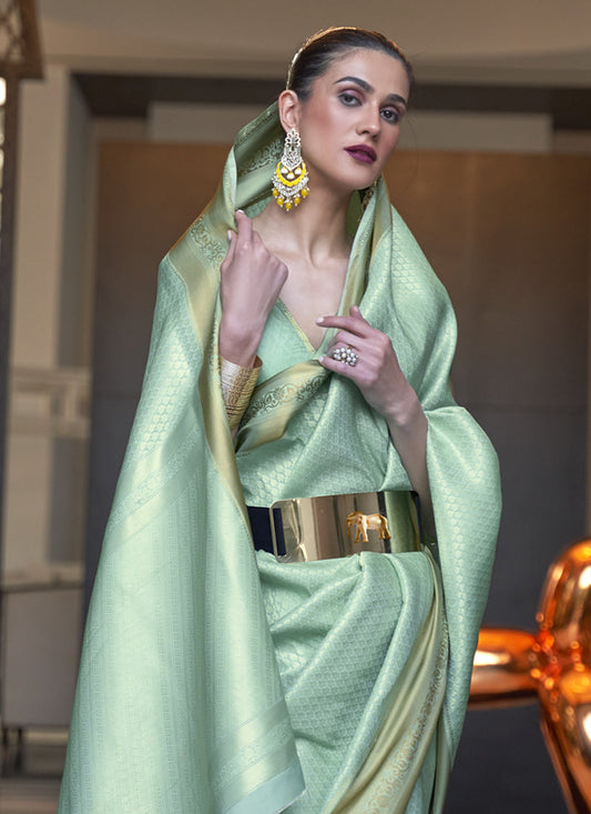 Mint Green Soft Silk Handloom Weaving Saree