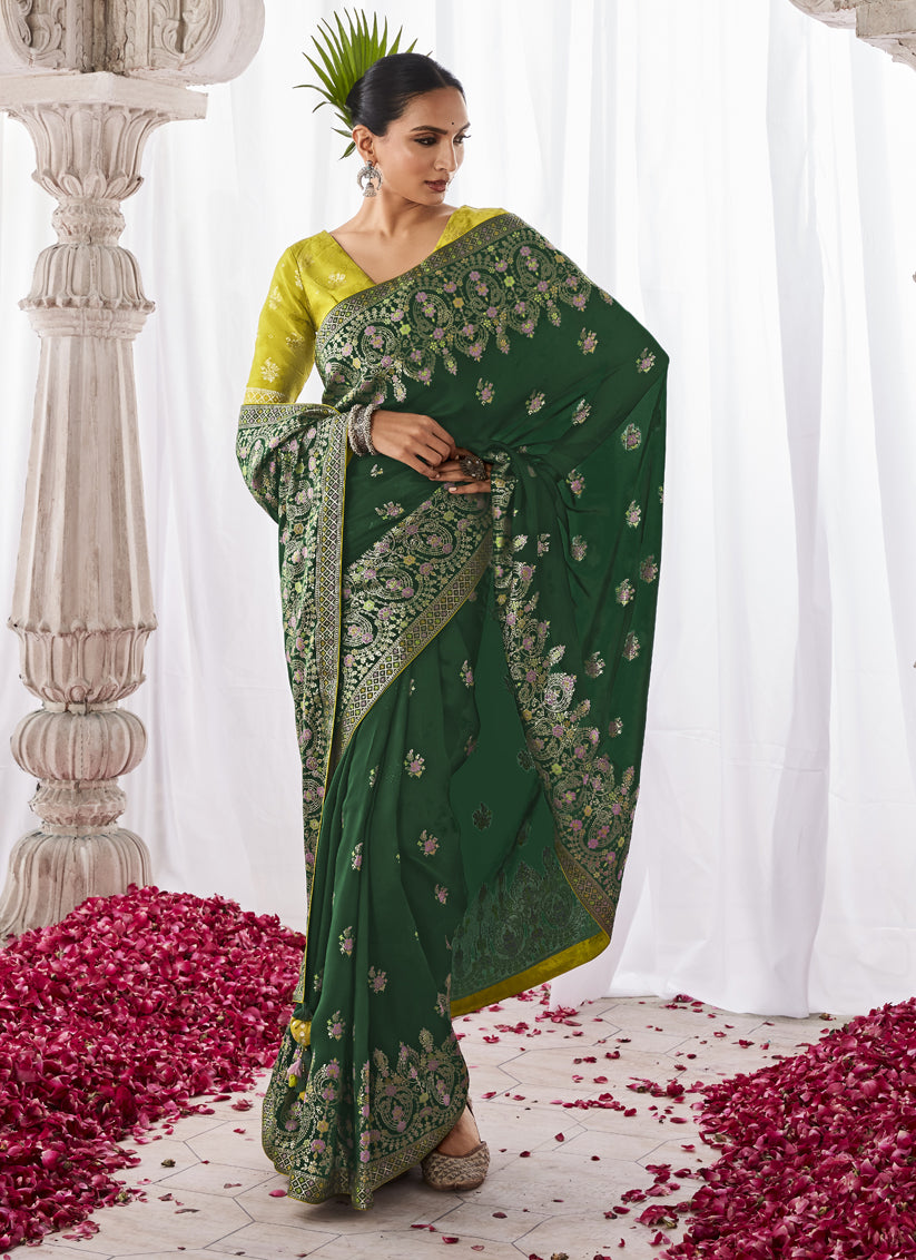 Forest Green Kora Silk Meenakari Pallu Saree