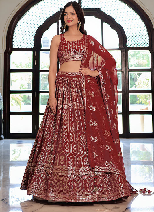 Sophisticated Maroon Embroidered & Heavy Sequins Lehenga Choli Set