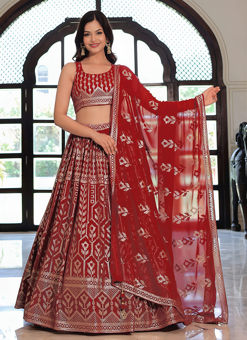 Sophisticated Maroon Embroidered & Heavy Sequins Lehenga Choli Set