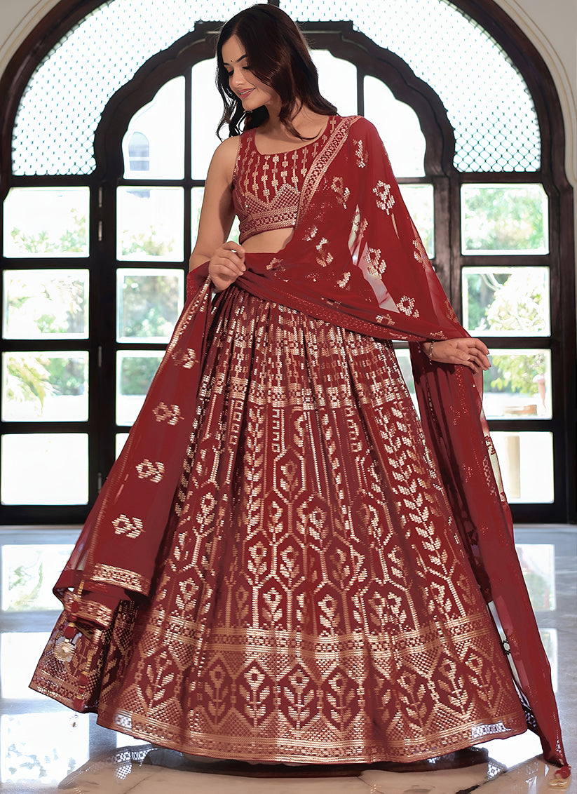 Sophisticated Maroon Embroidered & Heavy Sequins Lehenga Choli Set
