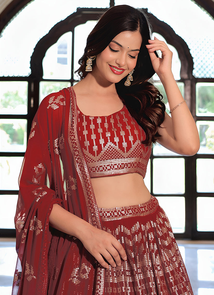 Sophisticated Maroon Embroidered & Heavy Sequins Lehenga Choli Set