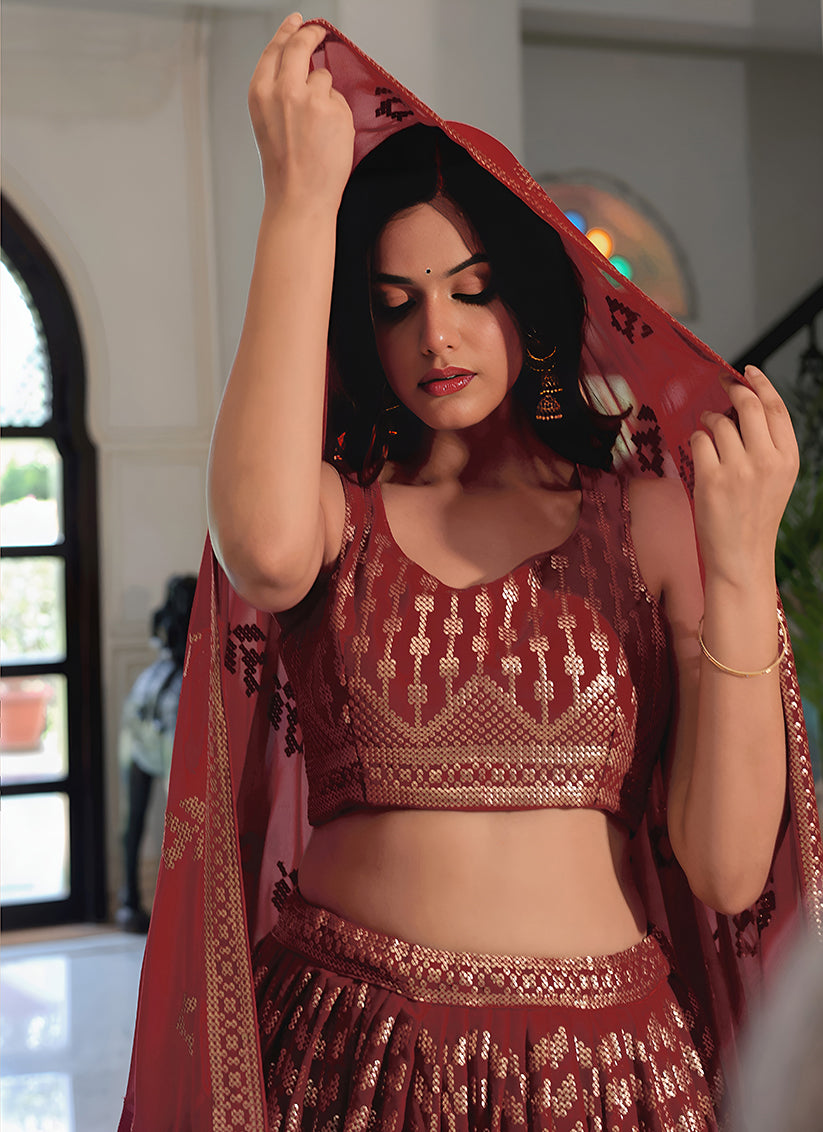 Sophisticated Maroon Embroidered & Heavy Sequins Lehenga Choli Set