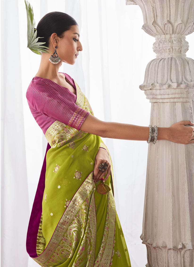 Parrot Green Kora Silk Meenakari Pallu Saree