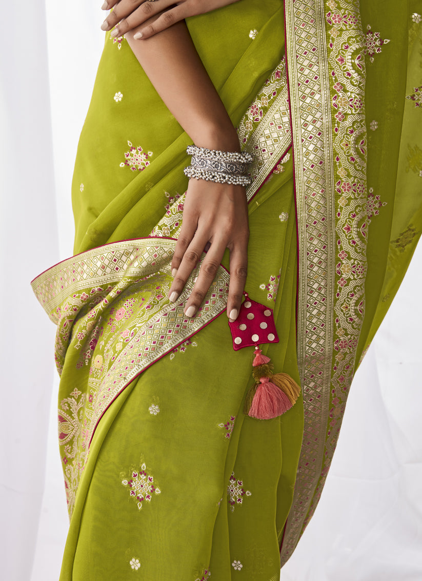Parrot Green Kora Silk Meenakari Pallu Saree