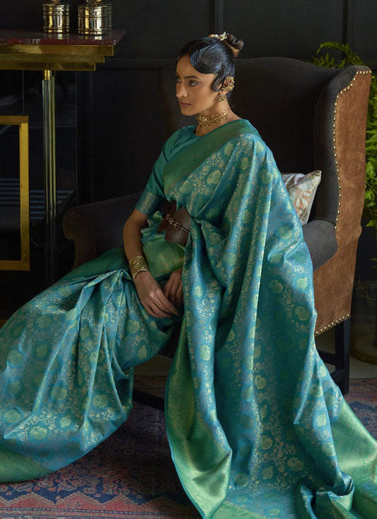 Azure Blue Chhaap Silk Handloom Weaving Saree