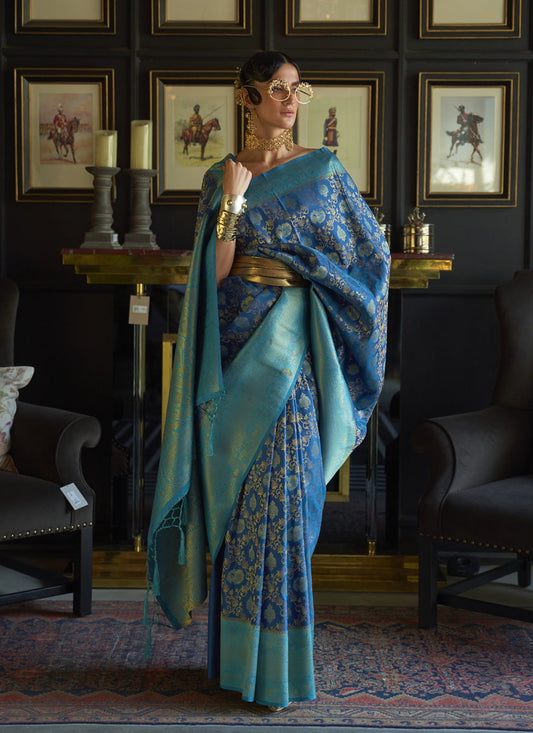 Royal Blue Chhaap Silk Handloom Weaving Saree