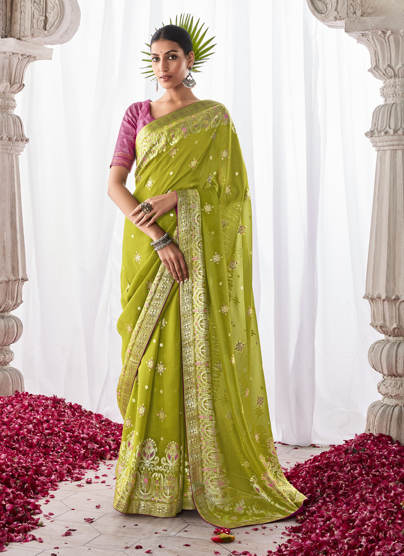 Parrot Green Kora Silk Meenakari Pallu Saree