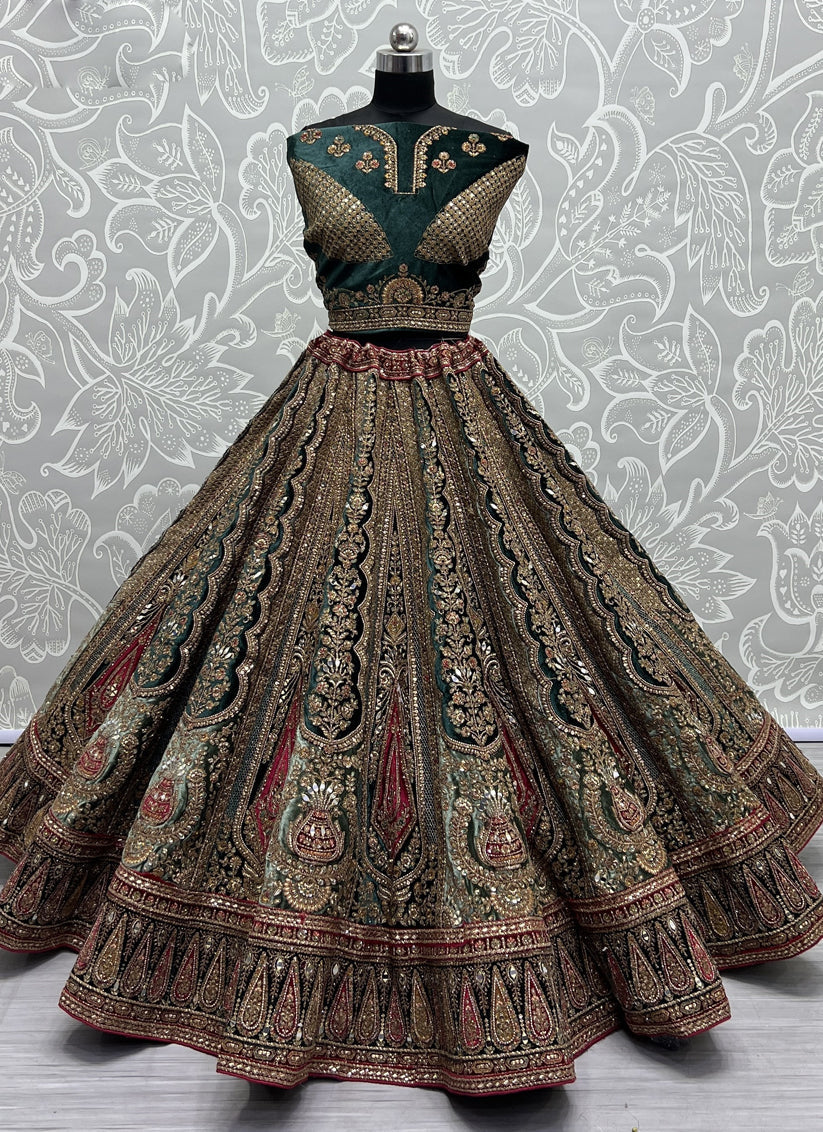 Bottle Green Velvet Heavy Designer Lehenga Choli Set