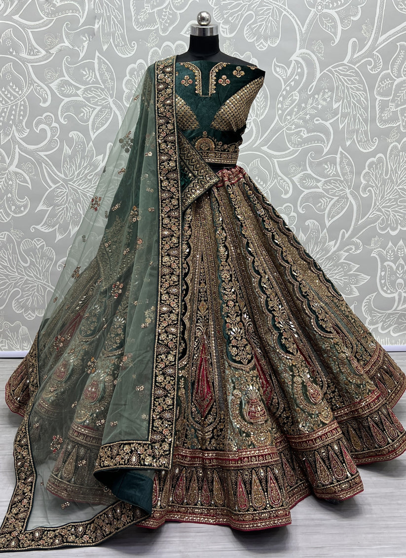 Bottle Green Velvet Heavy Designer Lehenga Choli Set