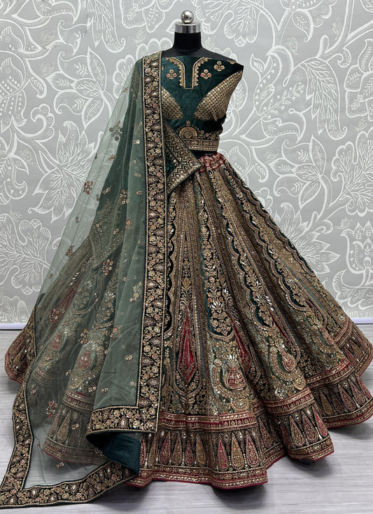 Bottle Green Velvet Heavy Designer Lehenga Choli Set