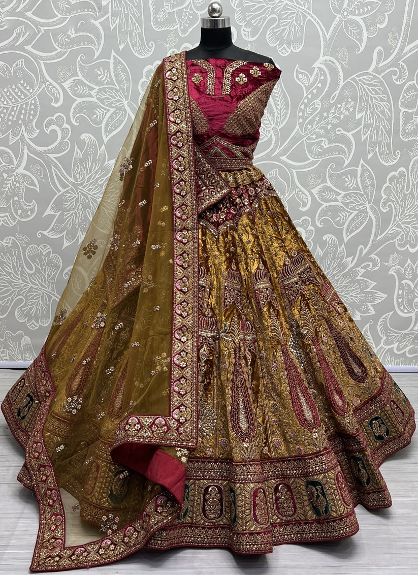 Mustard Yellow Velvet Heavy Designer Lehenga Choli Set