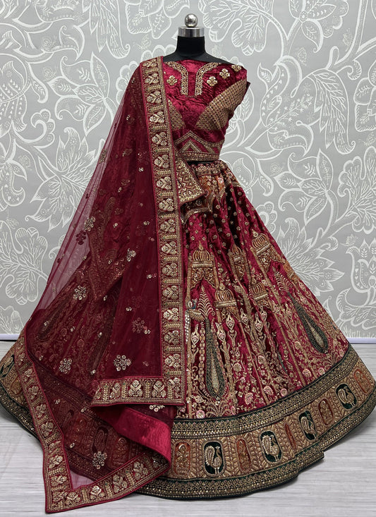 Maroon Velvet Heavy Designer Lehenga Choli Set