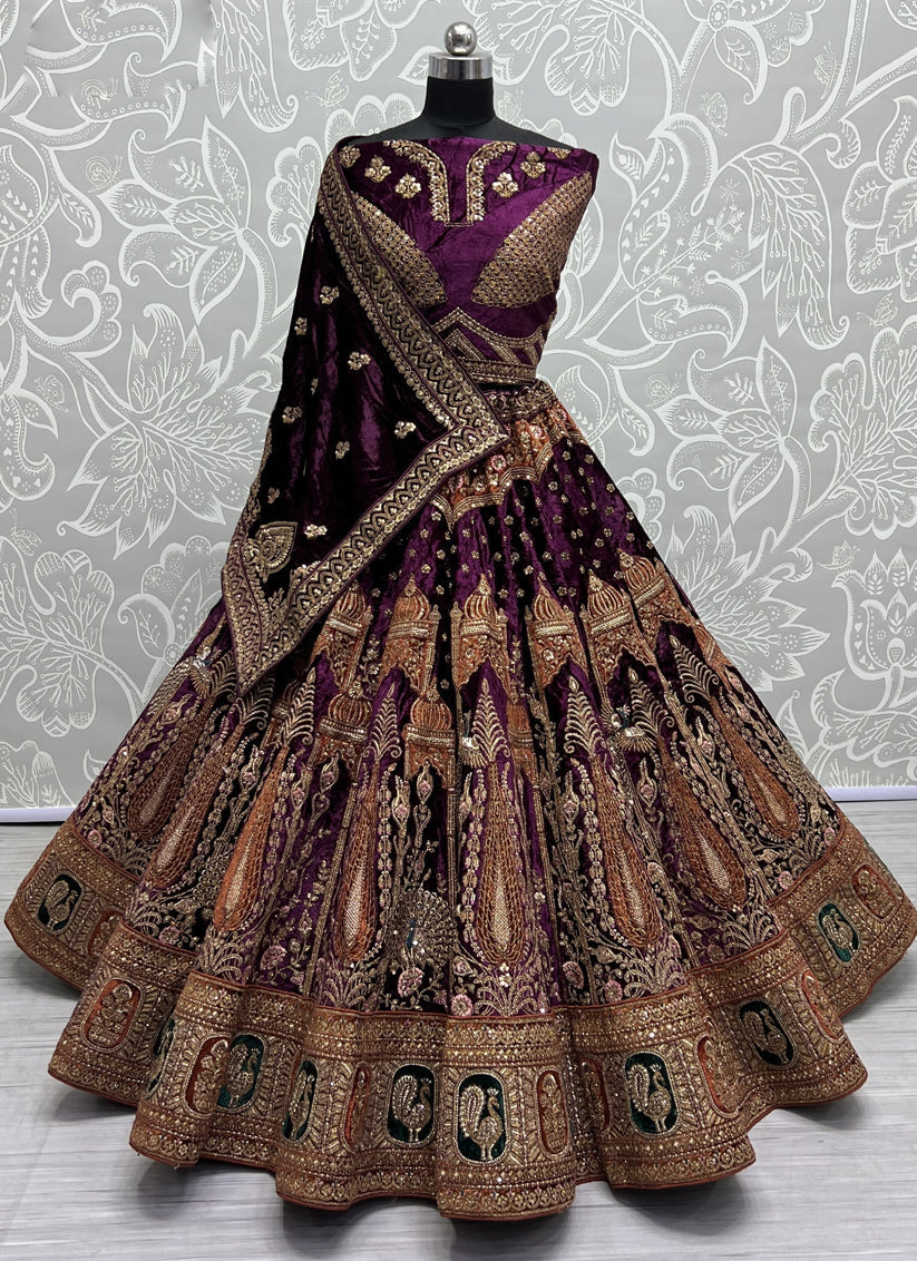 Purple Velvet Heavy Designer Lehenga Choli Set