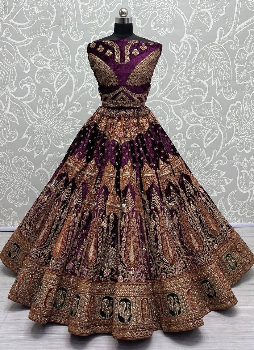 Purple Velvet Heavy Designer Lehenga Choli Set