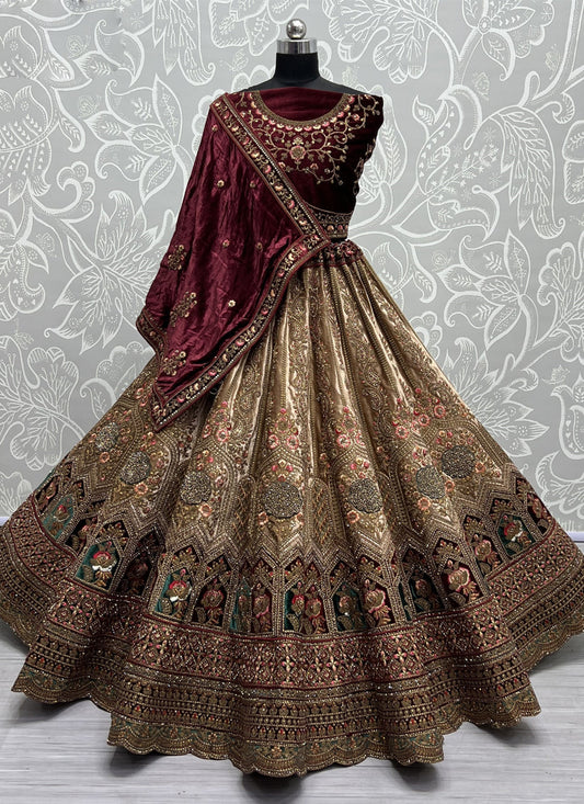 Beige Velvet Designer Lehenga Choli Set