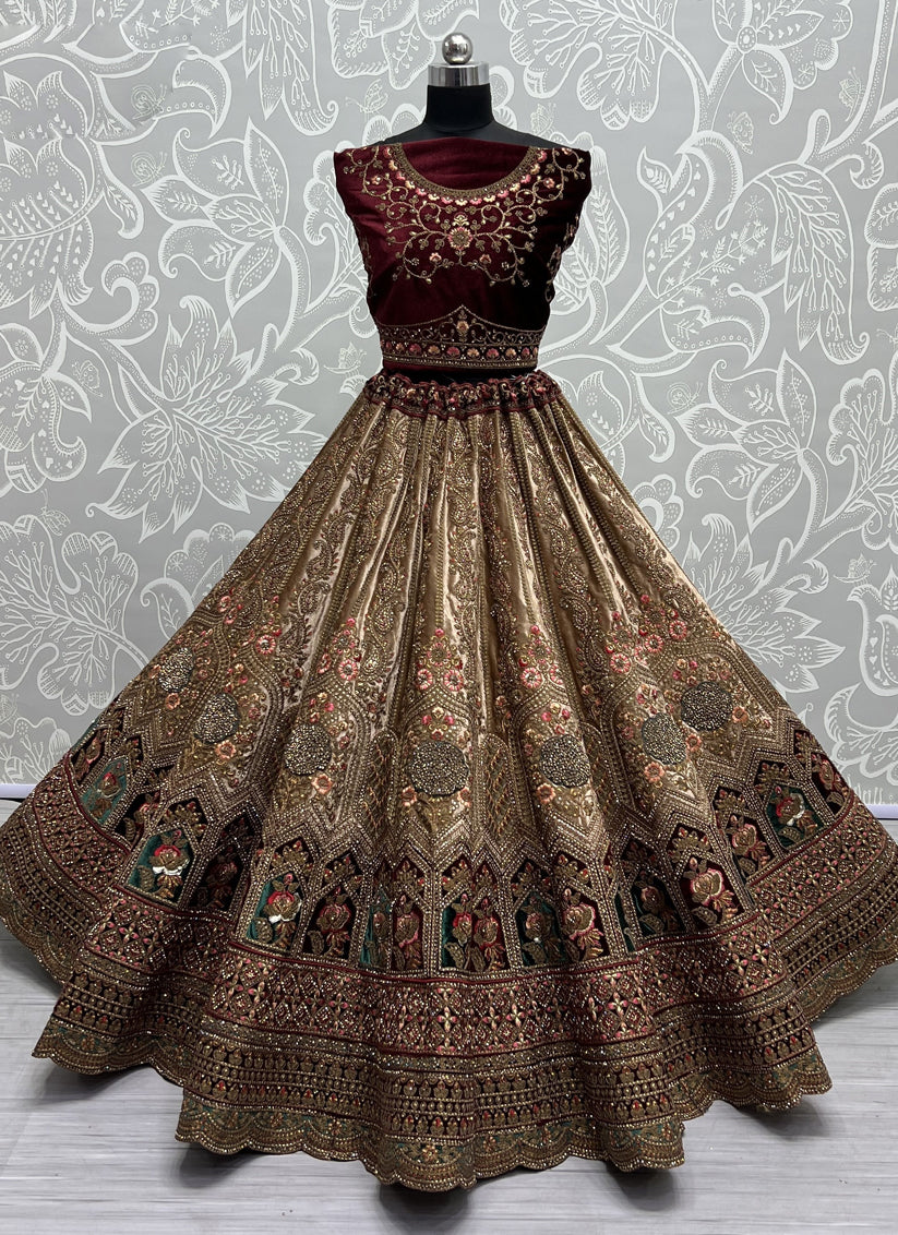 Beige Velvet Designer Lehenga Choli Set