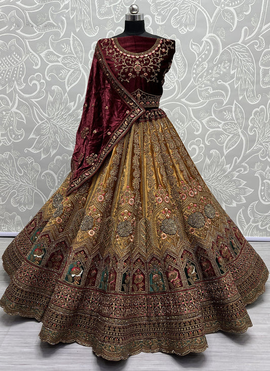 Mustard Yellow Velvet Designer Lehenga Choli Set