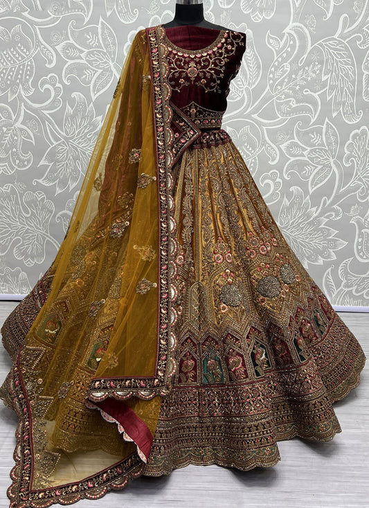 Mustard Yellow Velvet Designer Lehenga Choli Set