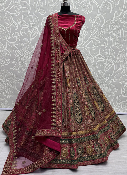 Raspberry Pink Velvet Designer Lehenga Choli Set
