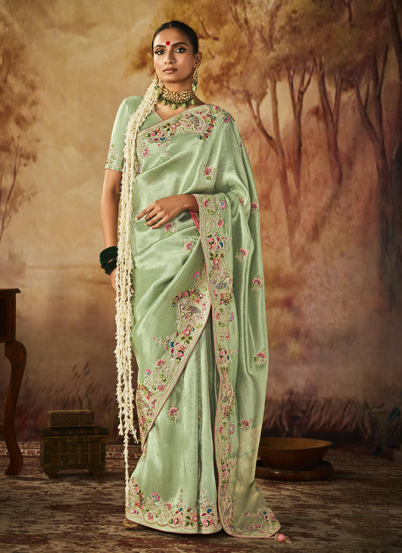 Mint Green Silk Embroidered Saree
