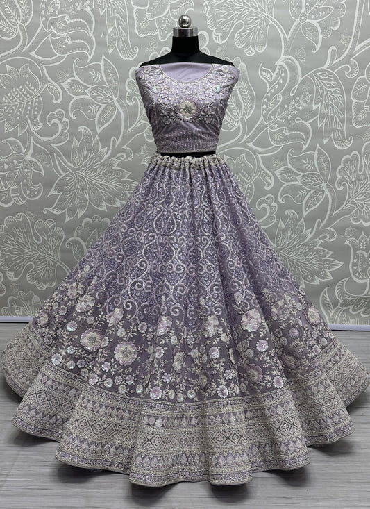 Lavender Net Embroidered Designer Lehenga Choli