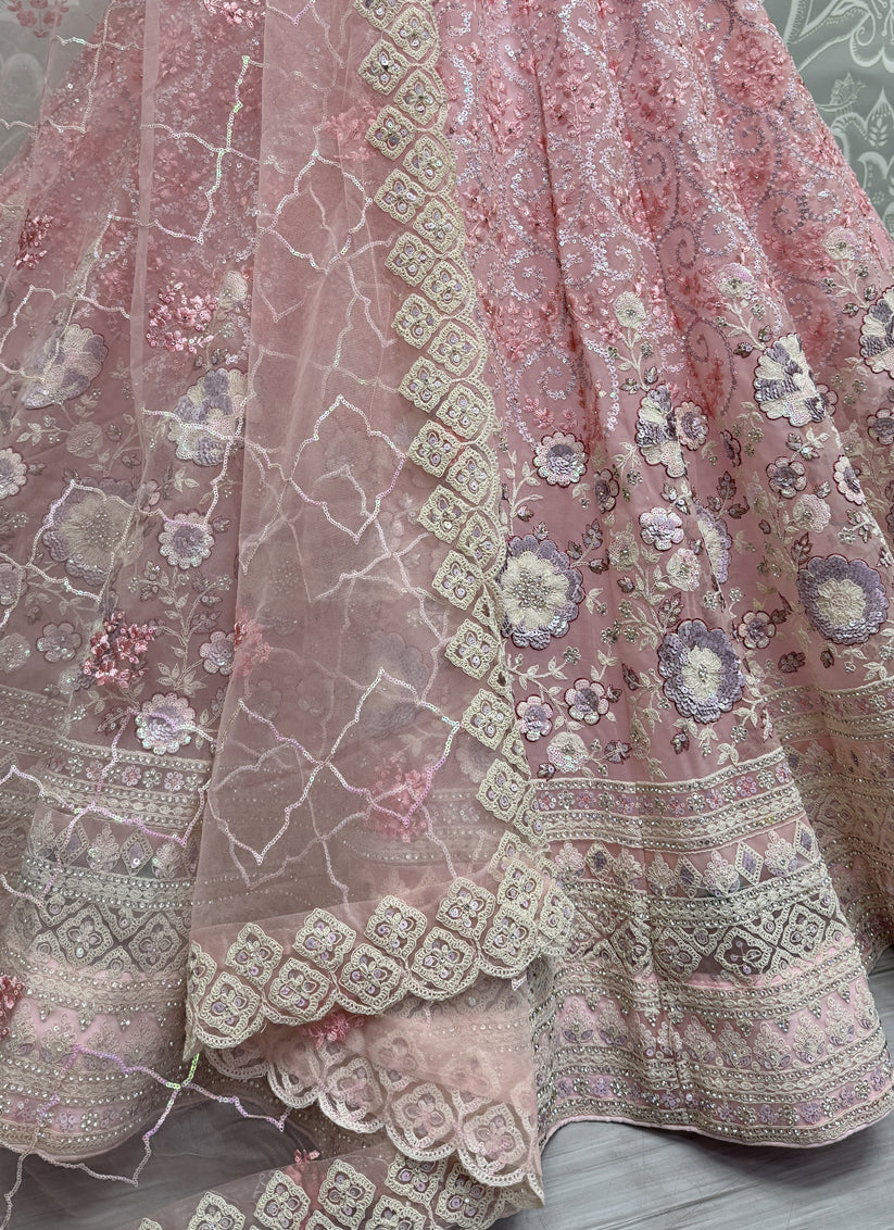 Rose Pink Net Embroidered Designer Lehenga Choli