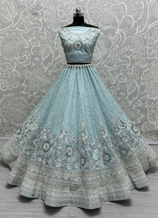 Ice Blue Net Embroidered Designer Lehenga Choli