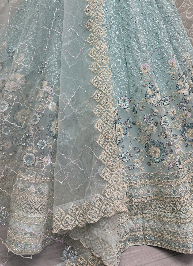Ice Blue Net Embroidered Designer Lehenga Choli