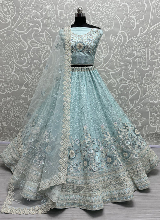 Ice Blue Net Embroidered Designer Lehenga Choli