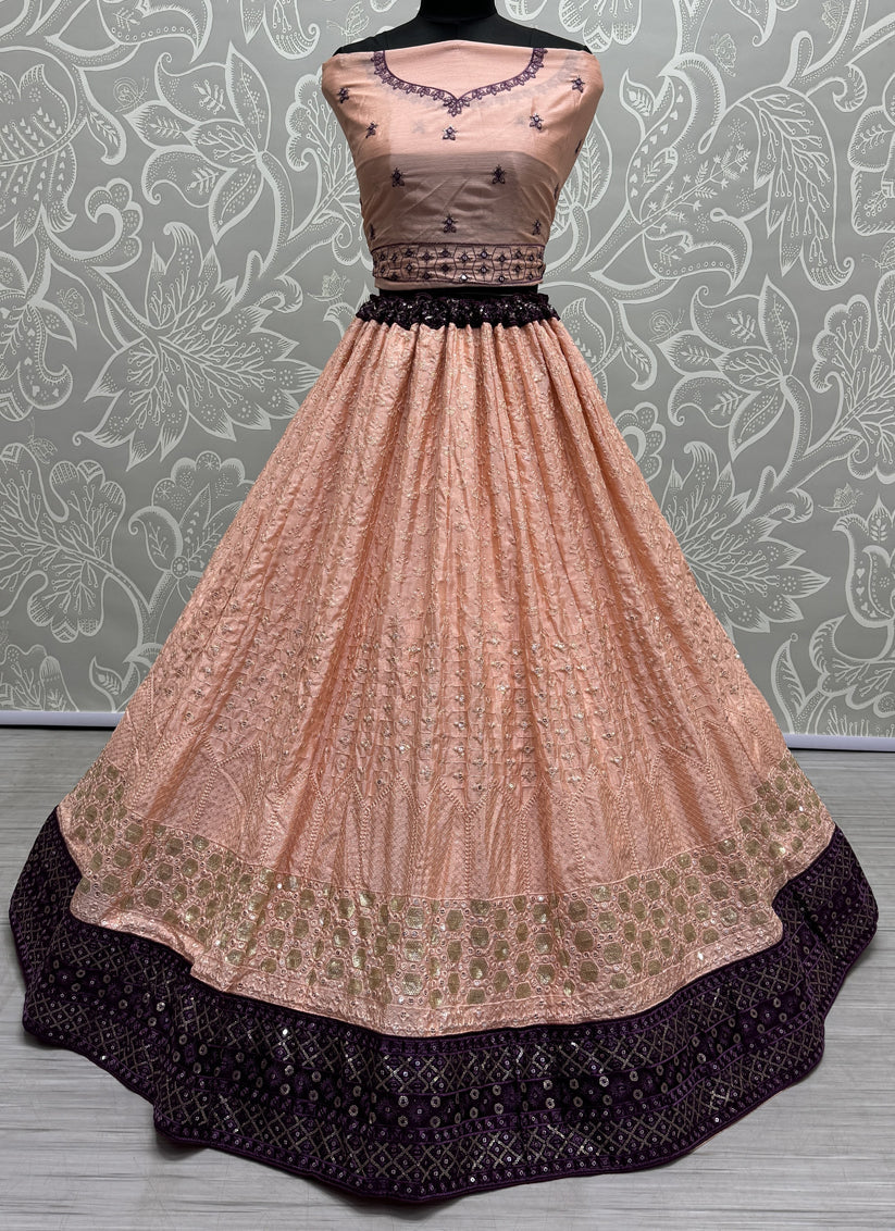Peach Georgette Embroidered Wedding Lehenga Choli