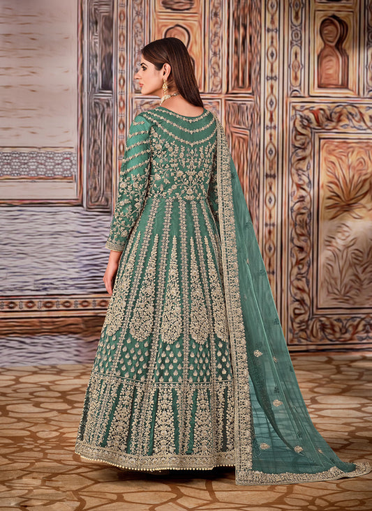 Pretty Teal Grey Net Embroidered Anarkali Suit