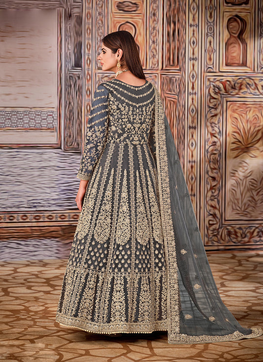 Alluring Slate Grey Net Embroidered Anarkali Suit