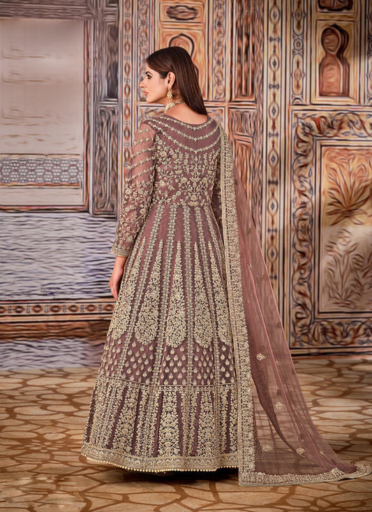 Charming Brown Net Embroidered Anarkali Suit