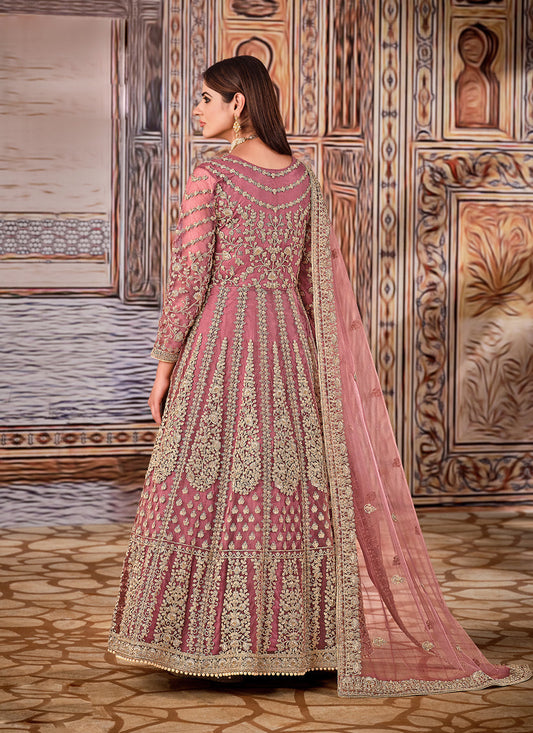 Opulent Mauve Pink Net Embroidered Anarkali Suit