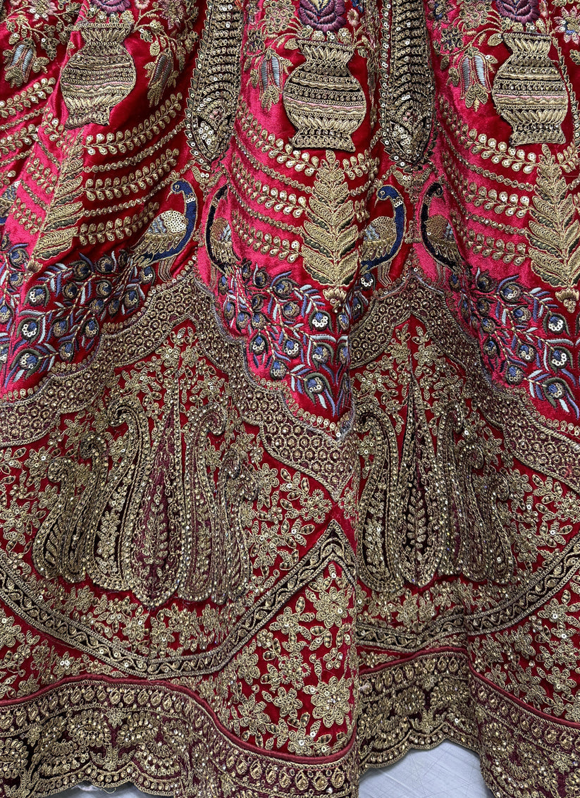 Red Velvet Embroidered Designer Bridal Lehenga Choli