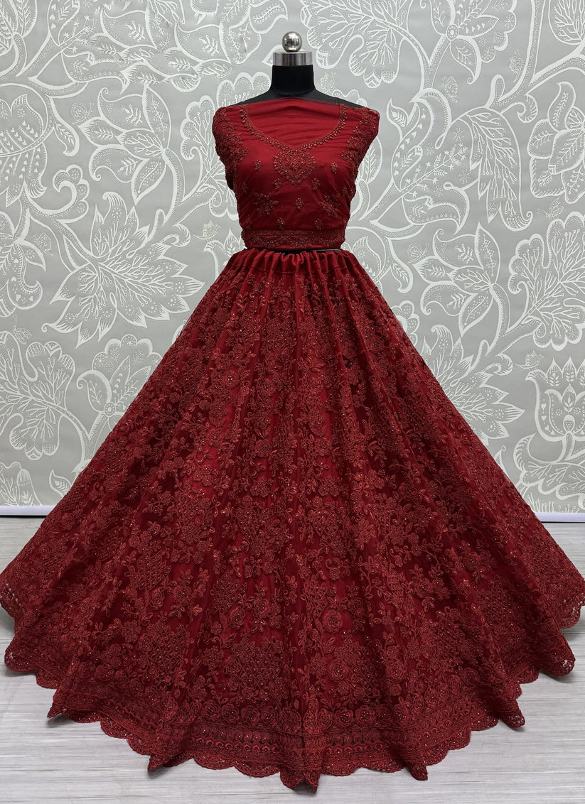 Maroon Heavy Net Embroidered Designer Lehenga Choli
